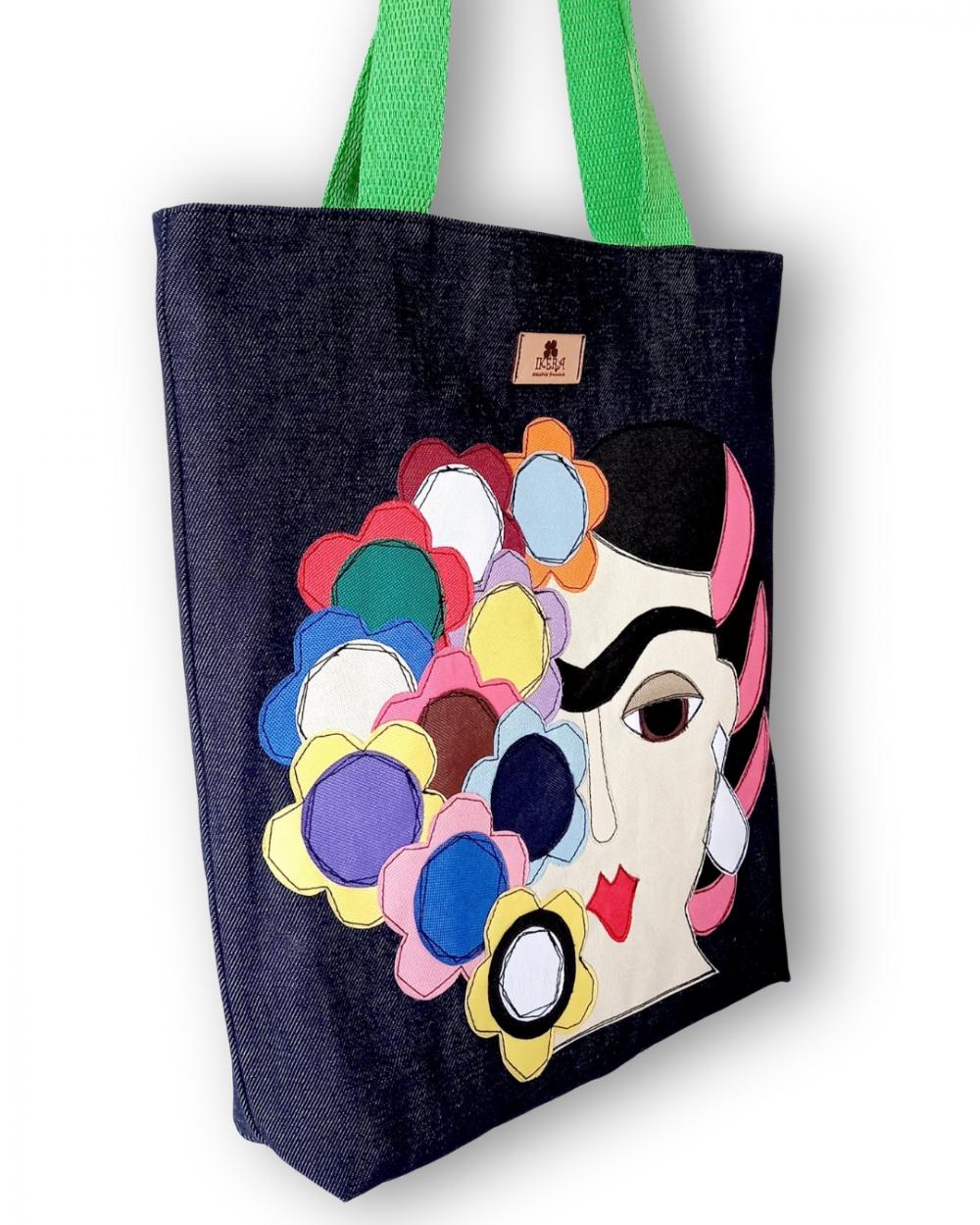 Bolsa Artesanal de Tecido Jeans Tipo Sacola Dupla Face Frida Kahl