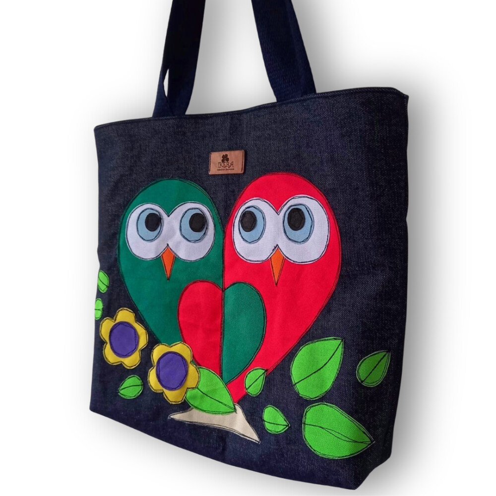 Bolsa Artesanal de Tecido Jeans Bordada à Máquina Corujas Apaix