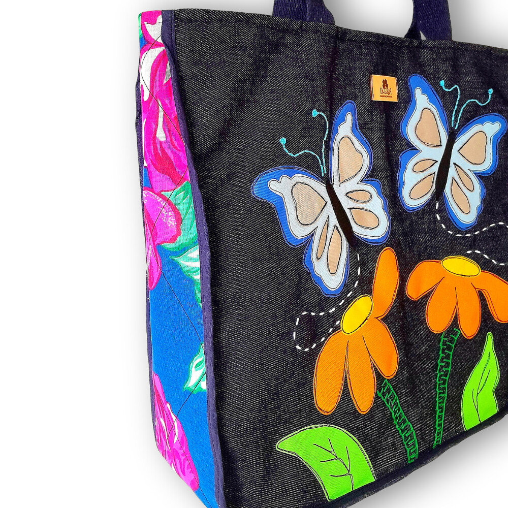 Bolsa Artesanal de Tecido Jeans Bordada à Máquina Nori
