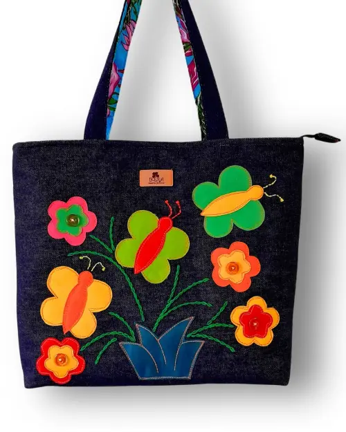 Bolsa Artesanal de Tecido Jeans Bordada à Máquina Butterfly