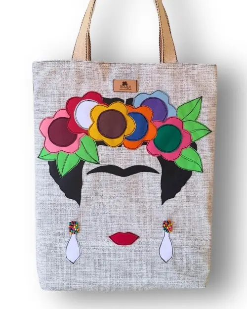Bolsa Artesanal Jeans Bordada à Maquina Frida Kahlo II