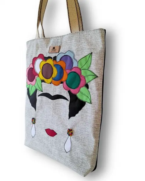 Bolsa Artesanal Jeans Bordada à Maquina Frida Kahlo II