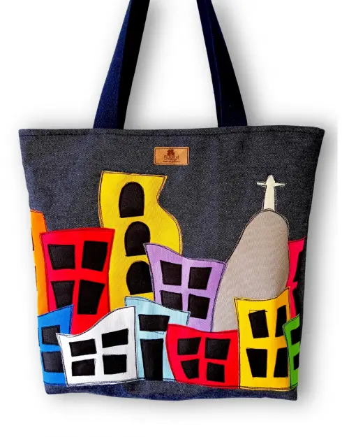 Bolsa Artesanal de Tecido Jeans Bordada à Máquina Favela Rio
