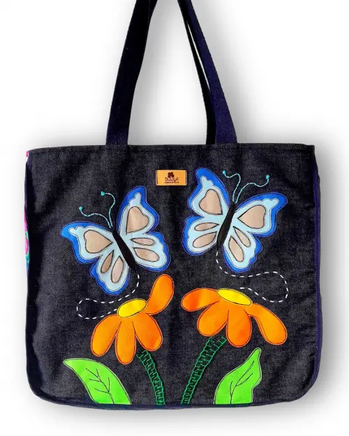 Bolsa Artesanal de Tecido Jeans Bordada à Máquina Nori