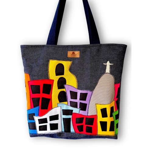 Bolsa Artesanal de Tecido Jeans Bordada à Máquina Favela Rio