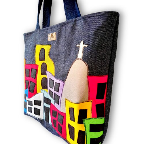Bolsa Artesanal de Tecido Jeans Bordada à Máquina Favela Rio