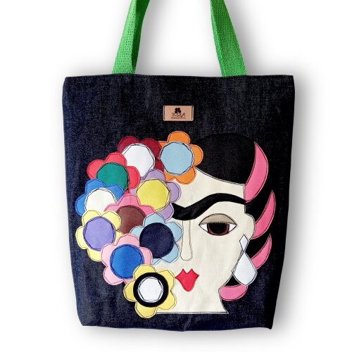 Bolsa Artesanal de Tecido Jeans Tipo Sacola Dupla Face Frida Kahlo