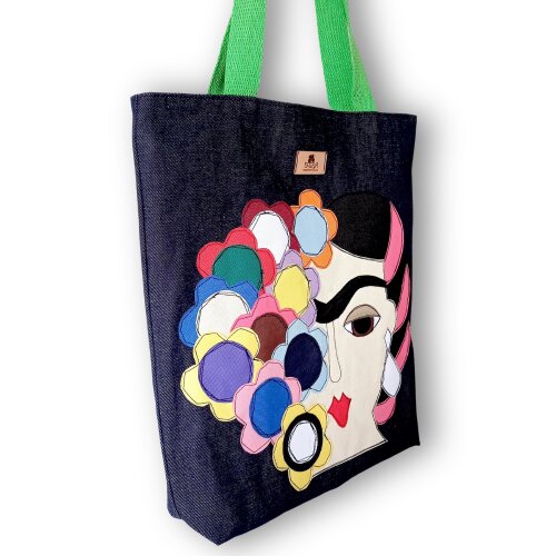 Bolsa Artesanal de Tecido Jeans Tipo Sacola Dupla Face Frida Kahl
