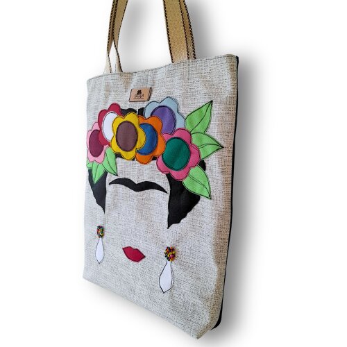 Bolsa Artesanal Jeans Bordada à Maquina Frida Kahlo II