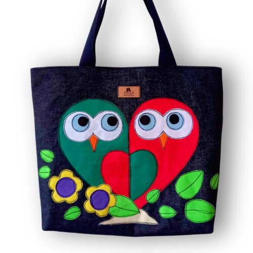 Bolsa Artesanal de Tecido Jeans Bordada à Máquina Corujas Apaixonadas