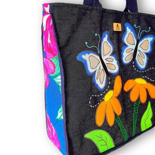 Bolsa Artesanal de Tecido Jeans Bordada à Máquina Nori