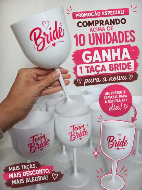 10 Taça 550ml Team Bride Personalizada DTF Acrílica Branca | De