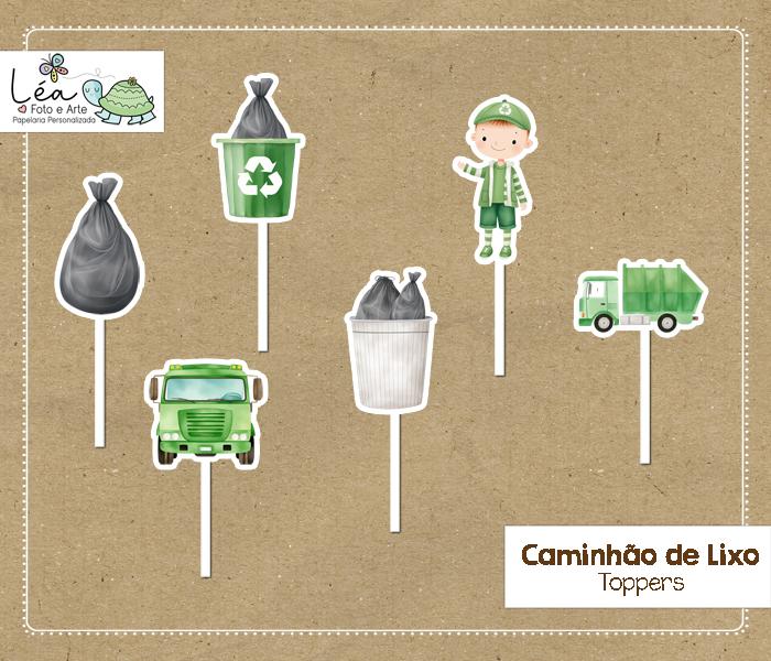 Topo de Bolo Festa Caminhão de Lixo Aquarela