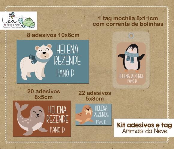 Kit Adesivos e Tag Material Escolar Animais da Neve