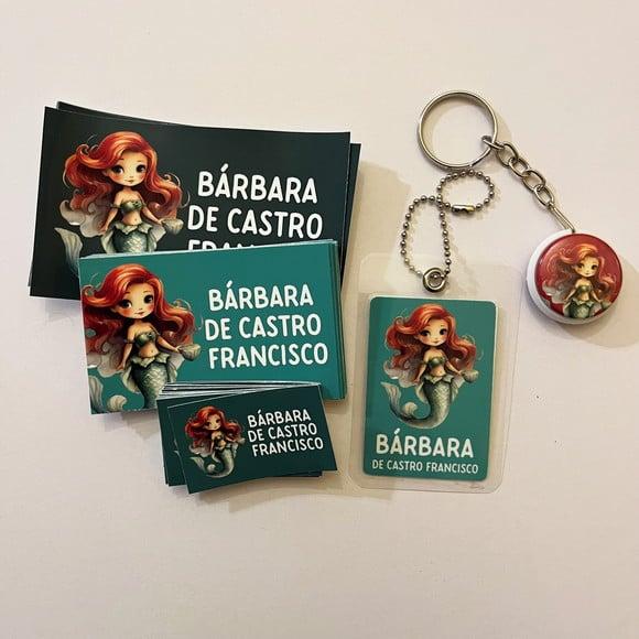 Kit Adesivos e Tag Material Escolar Sereia Ariel