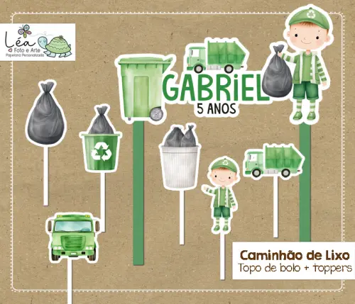 Topo de Bolo Festa Caminhão de Lixo Aquarela