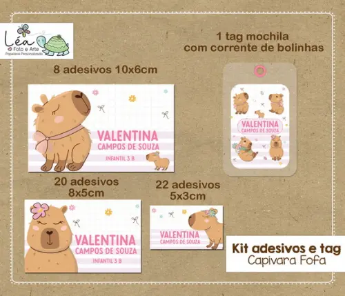 Kit Adesivos e Tag Material Escolar Capivara Fofa