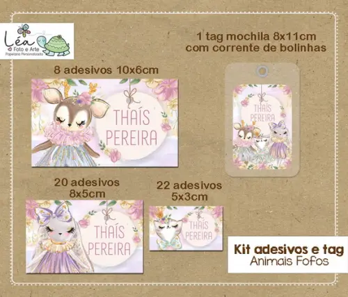 Kit Adesivos e Tag Material Escolar Animais Fofos Menina
