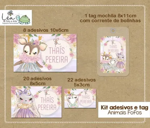 Kit Adesivos e Tag Material Escolar Animais Fofos Menina