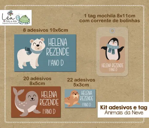 Kit Adesivos e Tag Material Escolar Animais da Neve
