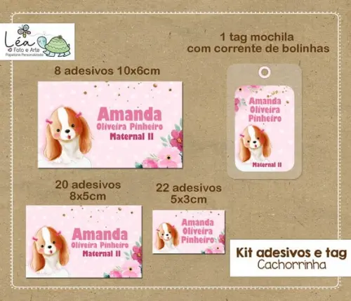 Kit Adesivos e Tag Material Escolar Cachorrinha