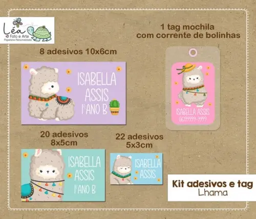 Kit Adesivos e Tag Material Escolar Lhama