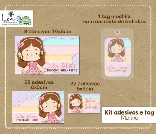 Kit Adesivos e Tag Material Escolar Menina