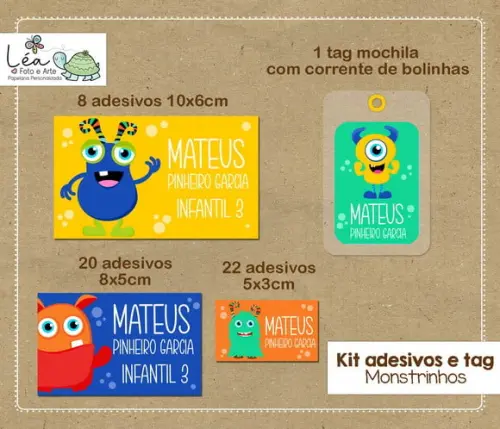 Kit Adesivos e Tag Material Escolar Monstrinhos