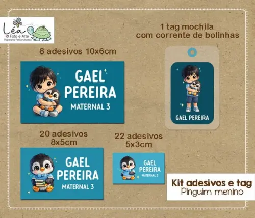 Kit Adesivos e Tag Material Escolar Pinguim Menino