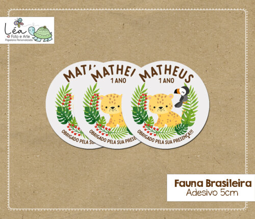 Adesivo Redondo Festa Fauna Brasileira Onça Pintada e Tucano