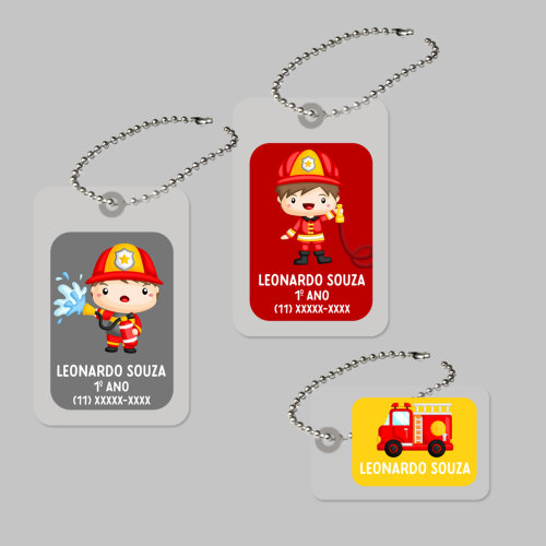 Tags Plastificadas para Mochila e Lancheira Tema Bombeiro