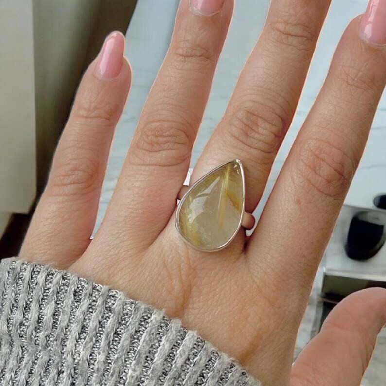 Anel de Prata 950k - Pedra Natural Rutilado Dourado