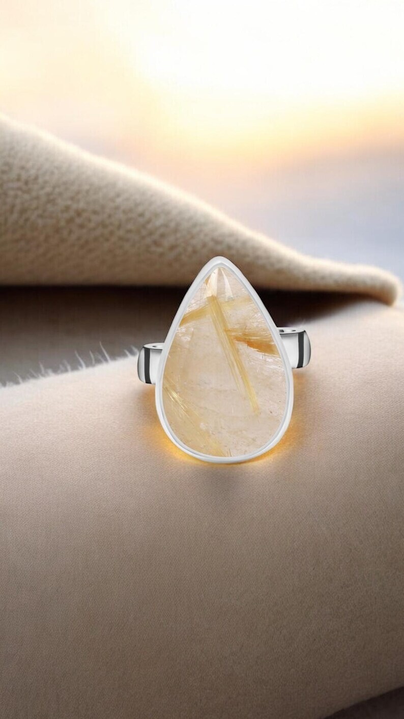 Anel de Prata 950k - Pedra Natural Rutilado Dourado