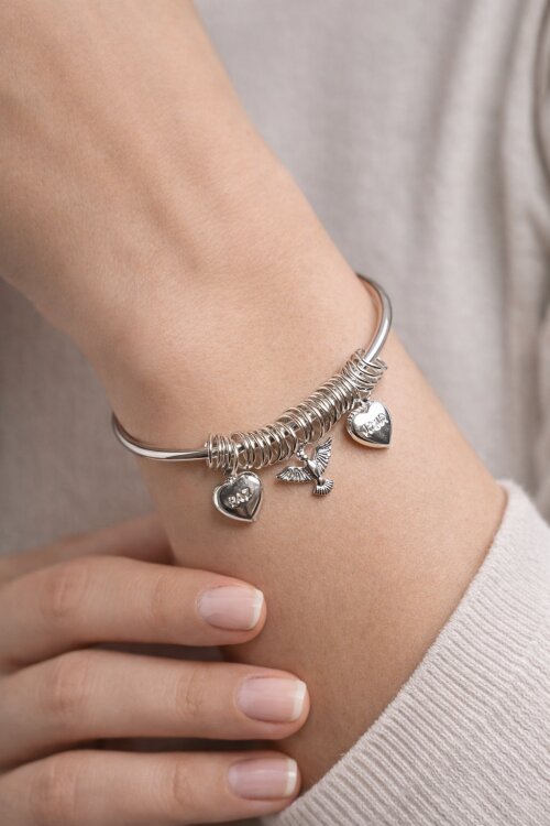Pulseira de Prata Ping Coração Jesus e Paz - Feminina