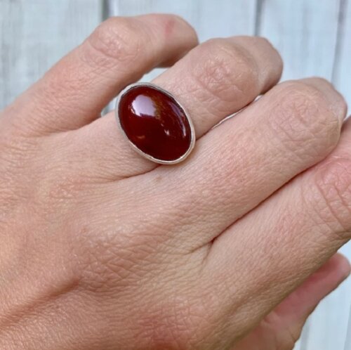 Anel de Prata 950k - Pedra Natural Agata Cornalina  Vermelha