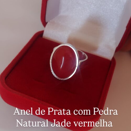 Anel de Prata 950k - Pedra Natural Jade Vermelha