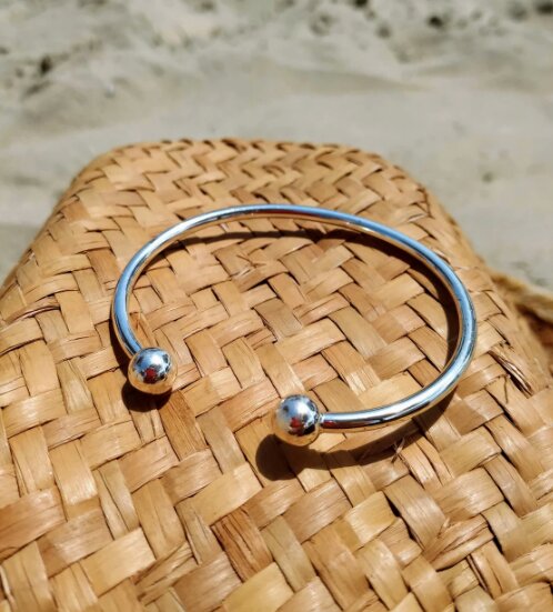 Pulseira Bracelete de Prata 950k Semi Aberto Ponteiras de Bolinha