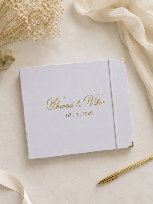 Livro de Assinaturas Casamento Branco e Dourado