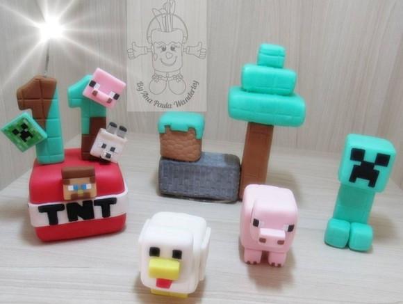 Topo de Bolo Minecraft em Biscuit Personalizado | Vela e Decoraç