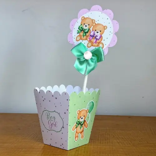 Centro de Mesa Cachepô Chá Revelação Lilás e Verde