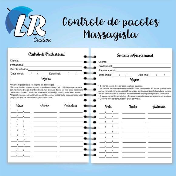 Caderno de controle de pacote + contrato mensal Massoterapia