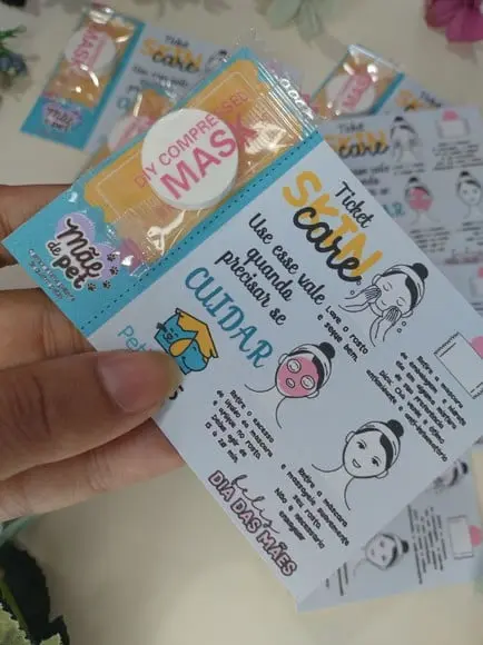20 Lembrancinha Ticket Máscara Skin Care Mãe de Pet