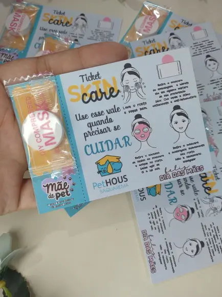 20 Lembrancinha Ticket Máscara Skin Care Mãe de Pet