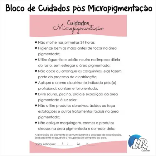 Bloco de Cuidados Pós Micropigmentação