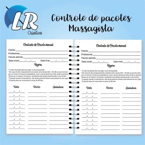 Caderno de controle de pacote + contrato mensal Massagista