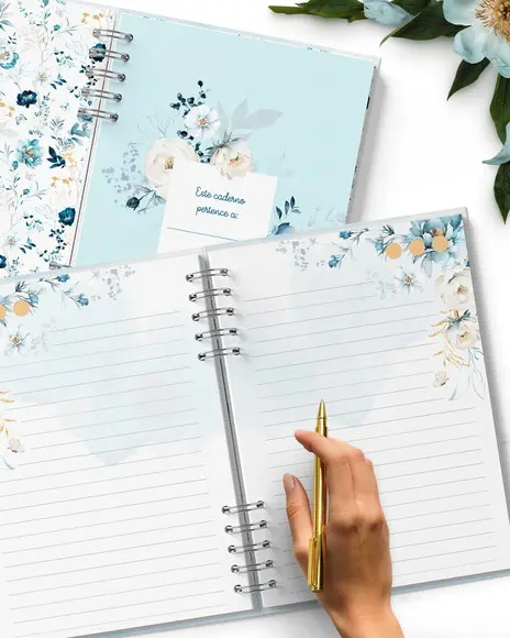 Caderno Pautado Floral Azul