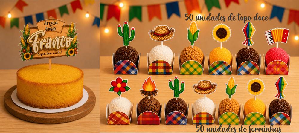 Kit Festa Junina Personalizado Completo 🌽✨ | Topo de Bolo + 