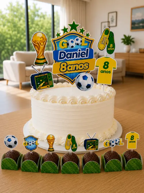 Kit Festa Futebol Brasil Personalizado 3D + Topo de Bolo + 50 Topos para Doces + 50 Forminhas Campo de Futebol | Tema Copa Mundo 2026