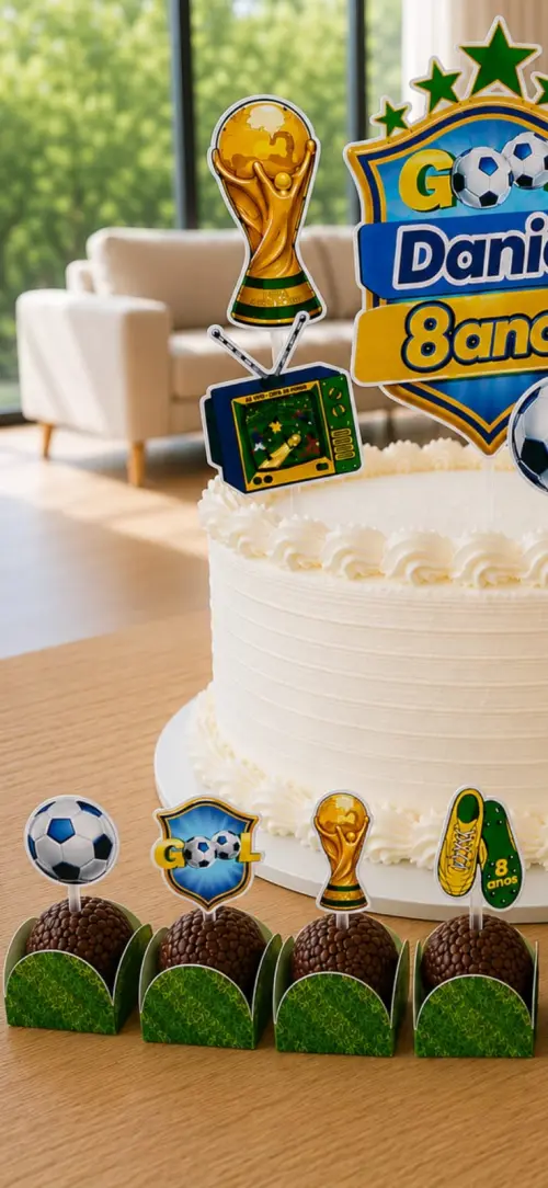 Kit Festa Futebol Brasil Personalizado 3D + Topo de Bolo + 50 Top
