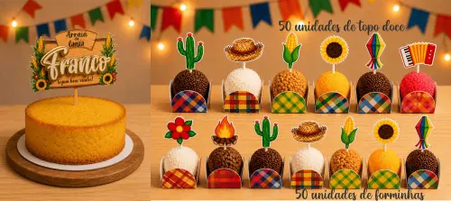 Kit Festa Junina Personalizado Completo 🌽✨ | Topo de Bolo + 